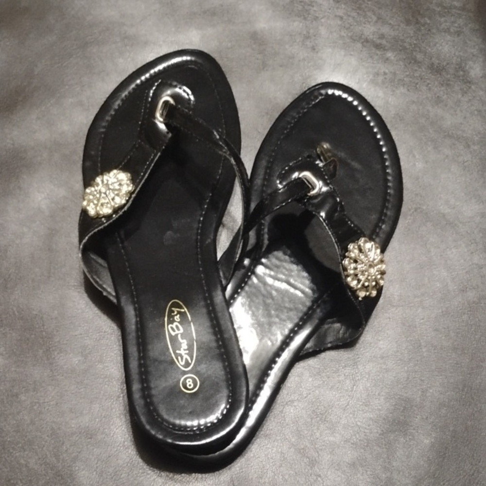 Black Jeweled Thong Sandals - Women's